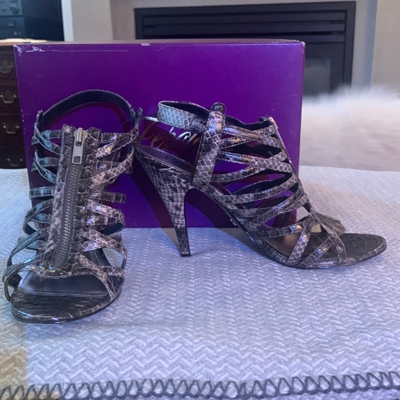 Fergie worn once gray vegan snake strap high heel sandal - Picture 2 of 3